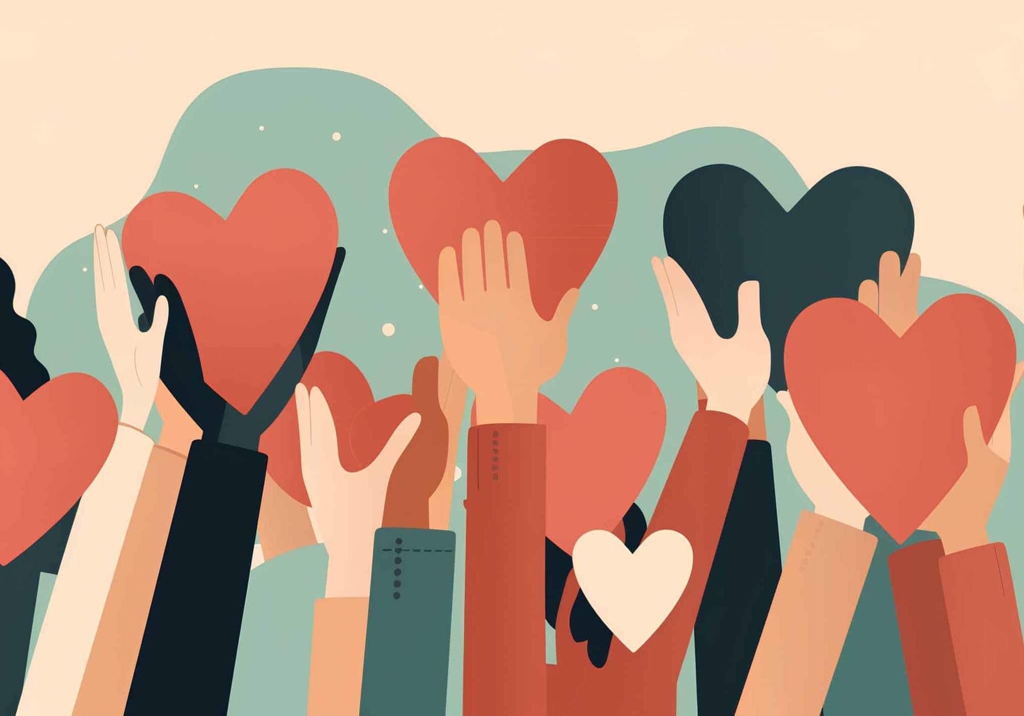 Charity illustration concept with raised hands and hearts. Community compassion, love, and support towards those in need. Generative AI